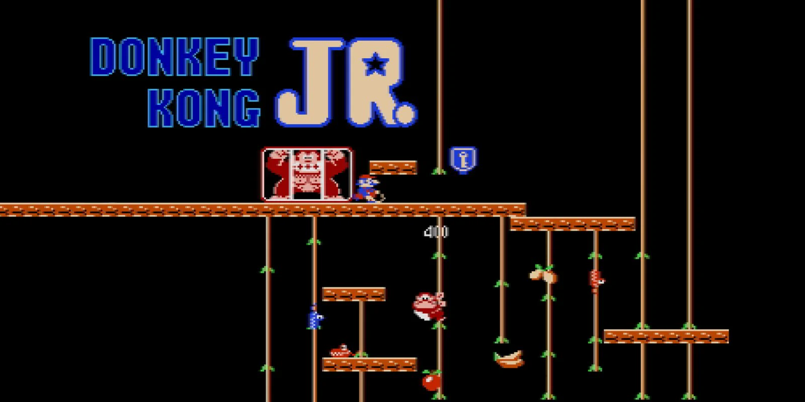 Donkey Kong Jr. climbing paired vines to rescue Donkey Kong