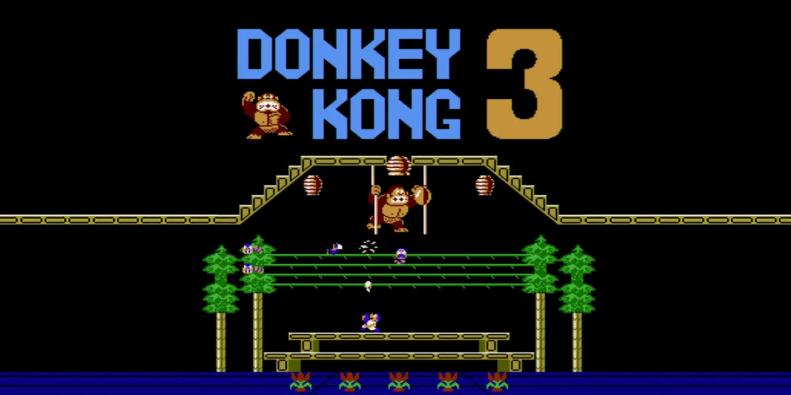 Stanley spraying insects beneath Donkey Kong in a greenhouse