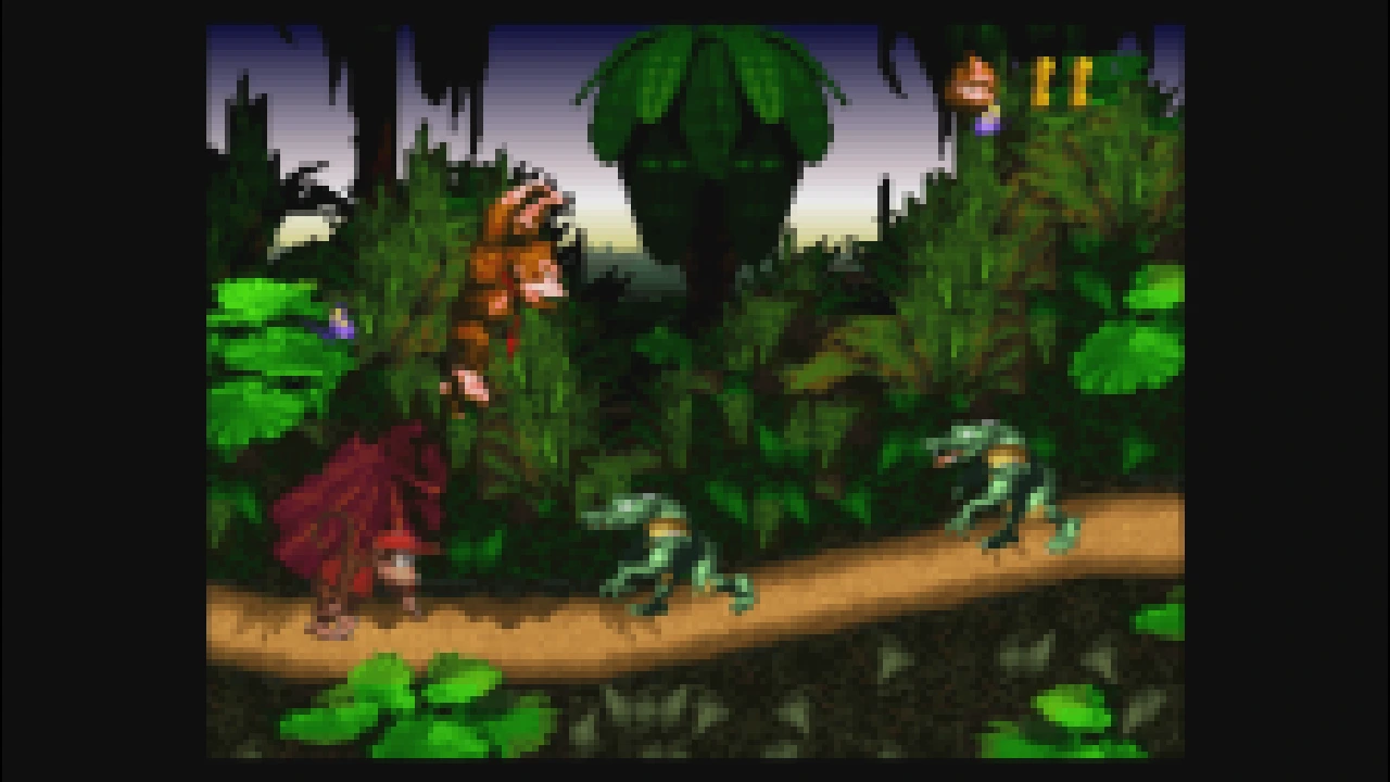 Donkey Kong moving through a lush pre-rendered jungle stage