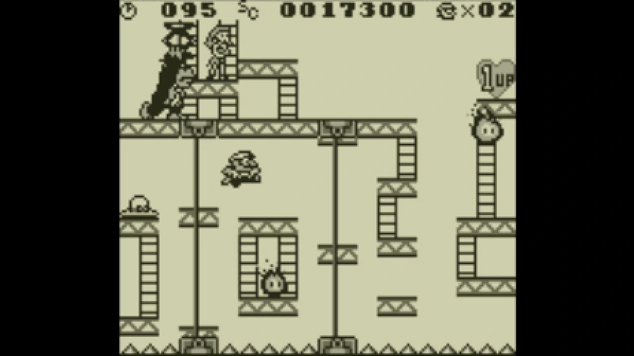 Mario navigating ladders and platforms beneath Donkey Kong in a monochrome action-puzzle stage