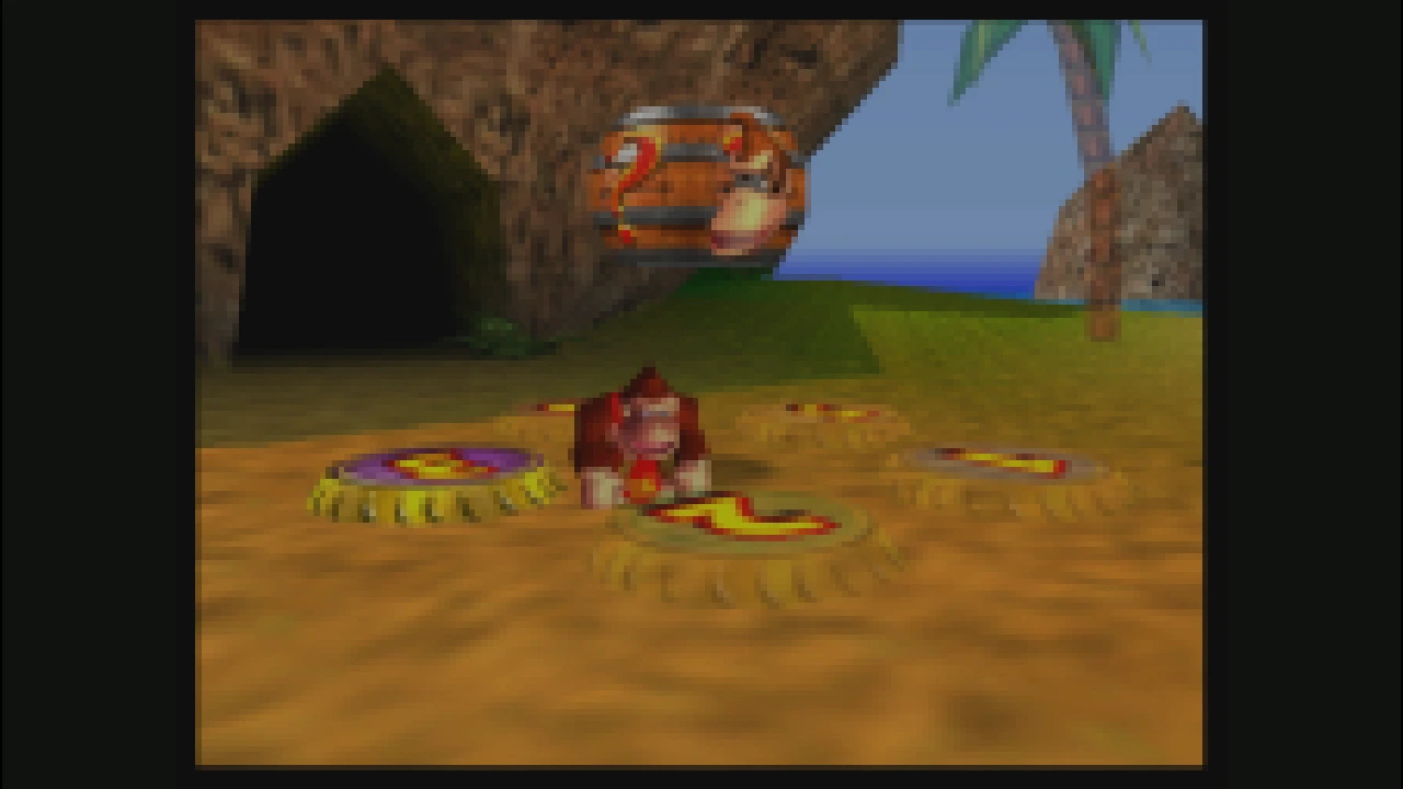 Donkey Kong exploring a grassy three-dimensional area in Donkey Kong 64