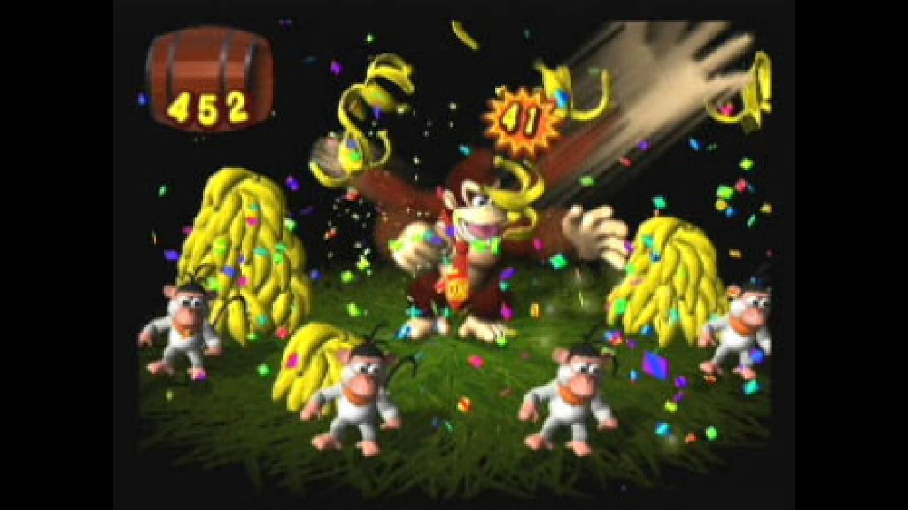 Donkey Kong building a banana combo amid enemies in Donkey Kong Jungle Beat