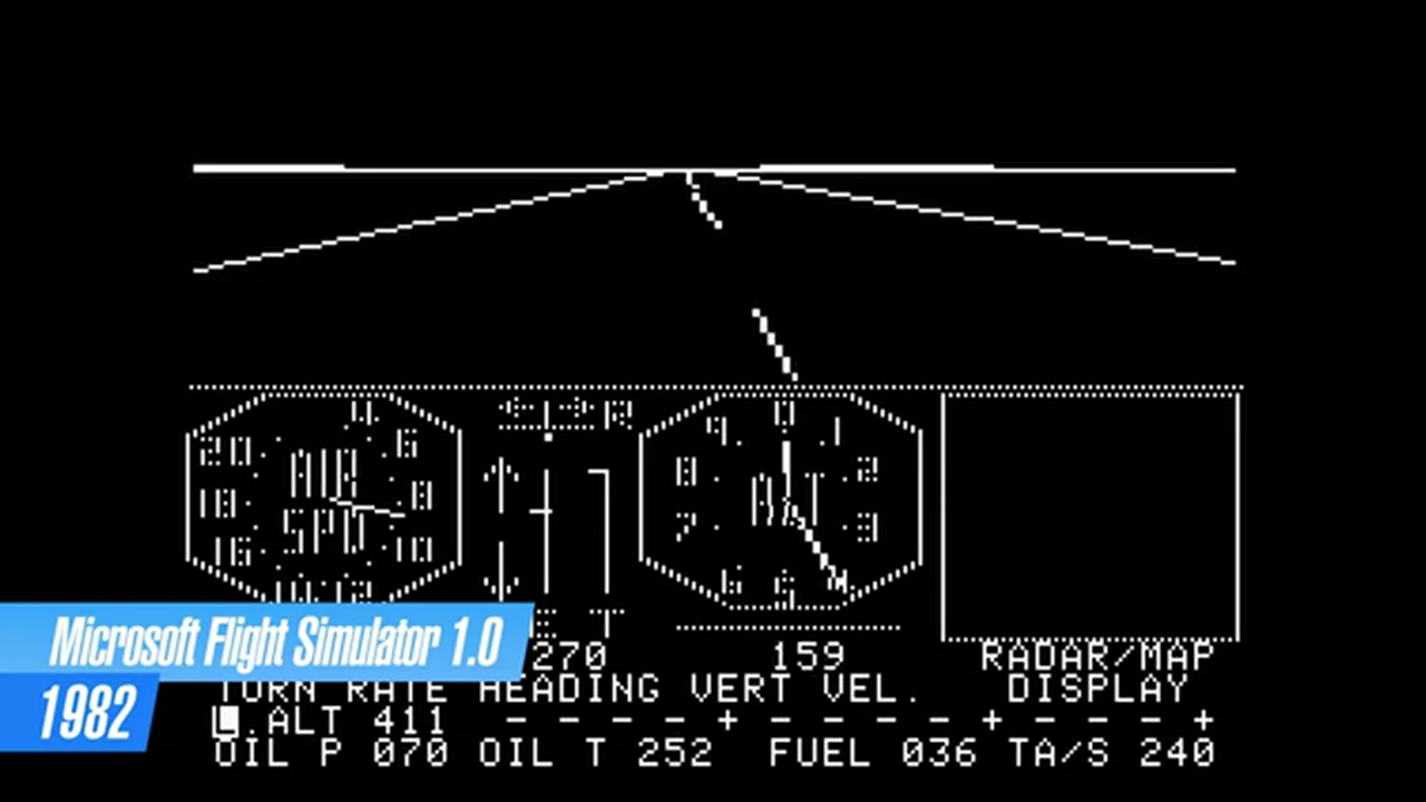 The black-and-white wireframe cockpit of Flight Simulator 1.0