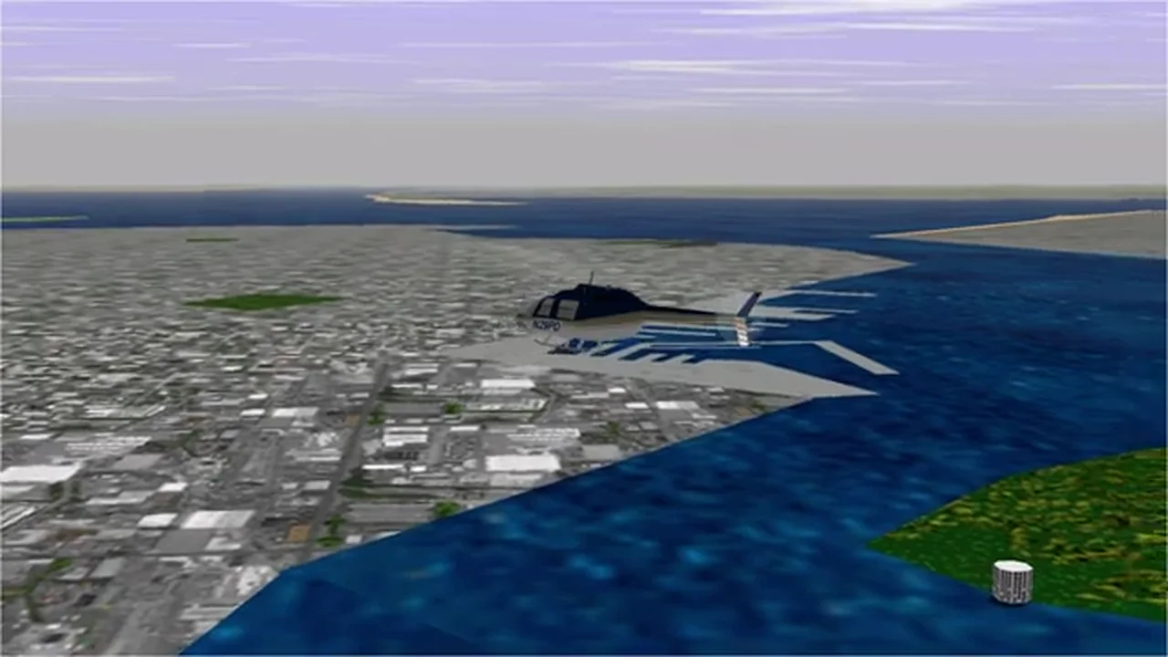 Flight Simulator for Windows 95 showing a cockpit above detailed terrain