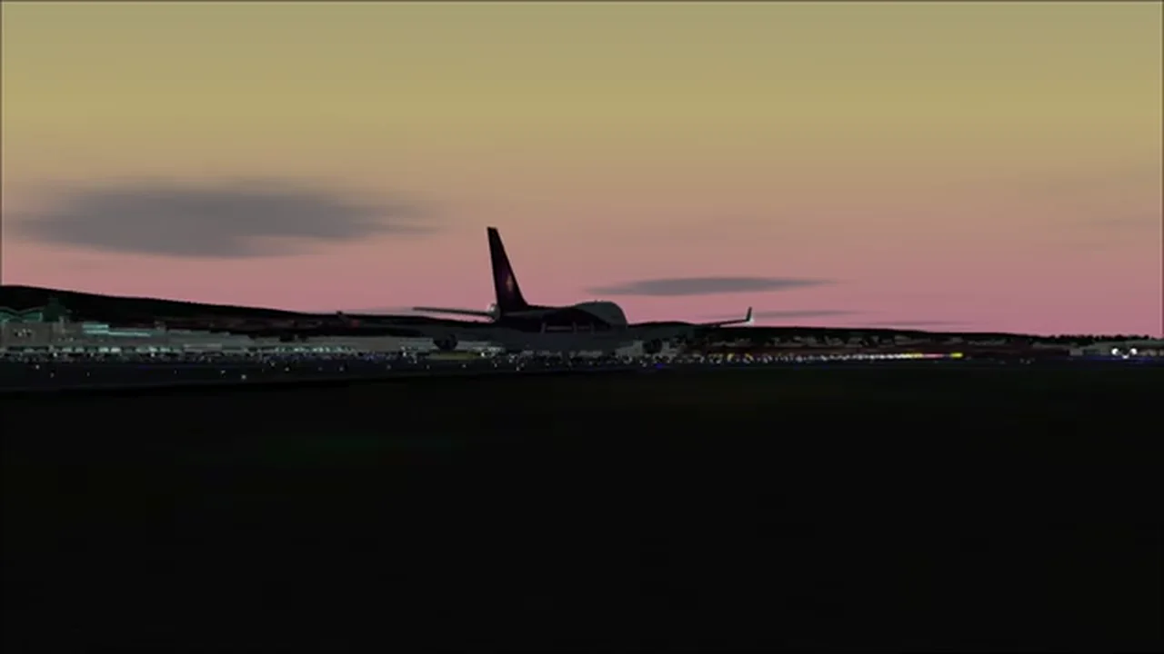 A busy airport scene with air-traffic control in Flight Simulator 2002