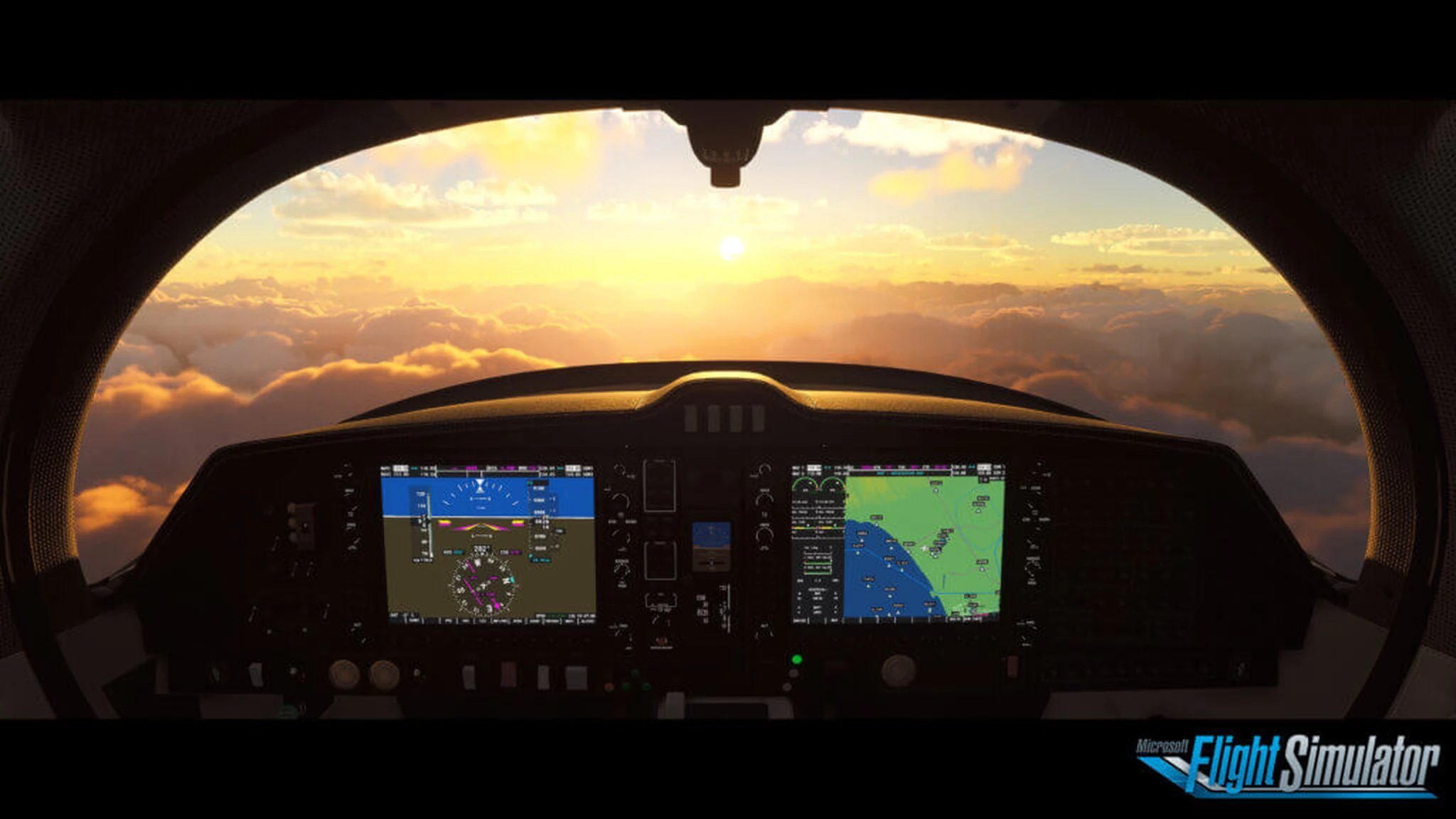 First-person cockpit gameplay at sunset with the aircraft's instrument panel visible in Microsoft Flight Simulator