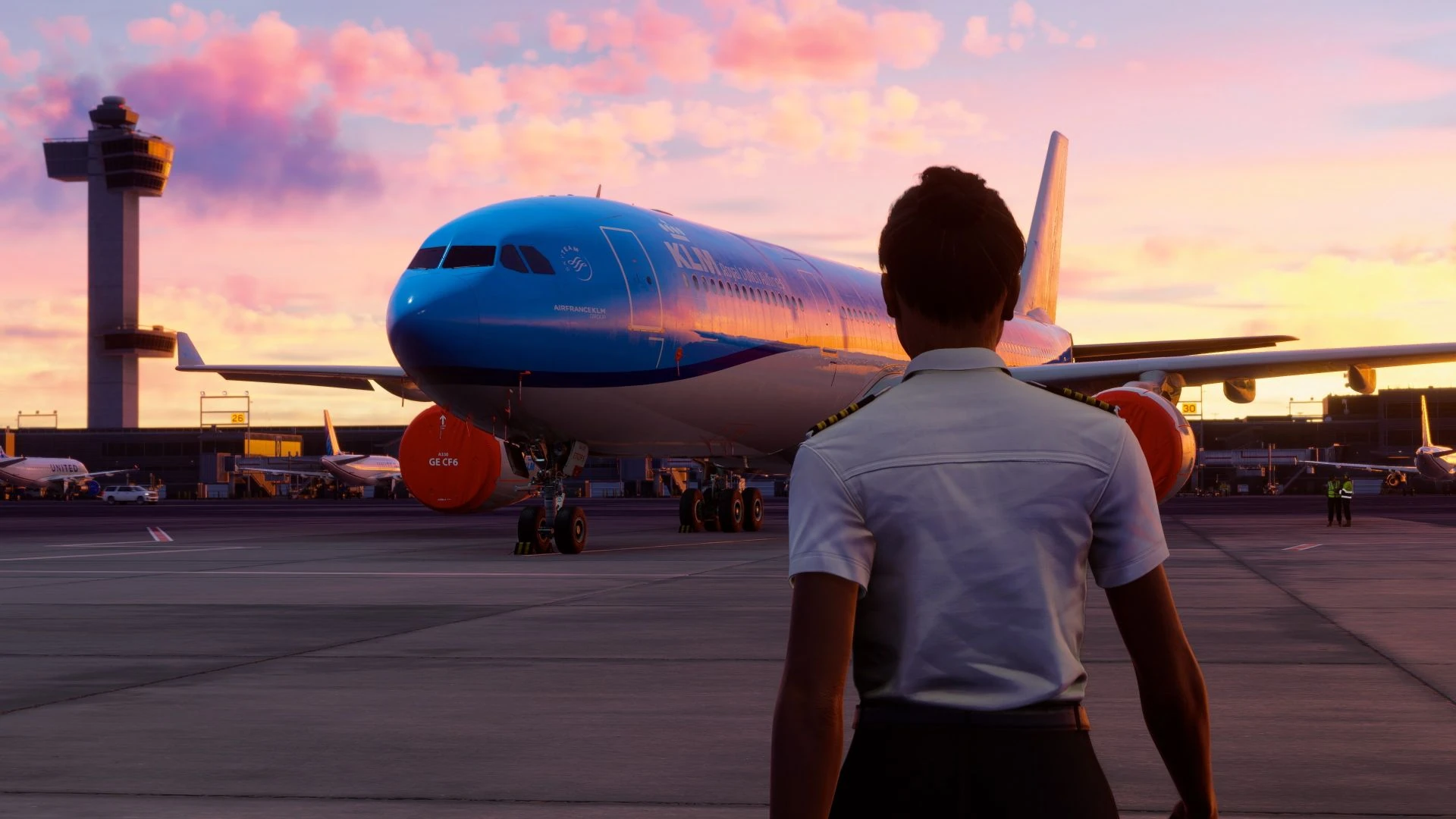 A pilot avatar standing on an airport tarmac in front of an airliner during Microsoft Flight Simulator 2024 Career Mode gameplay