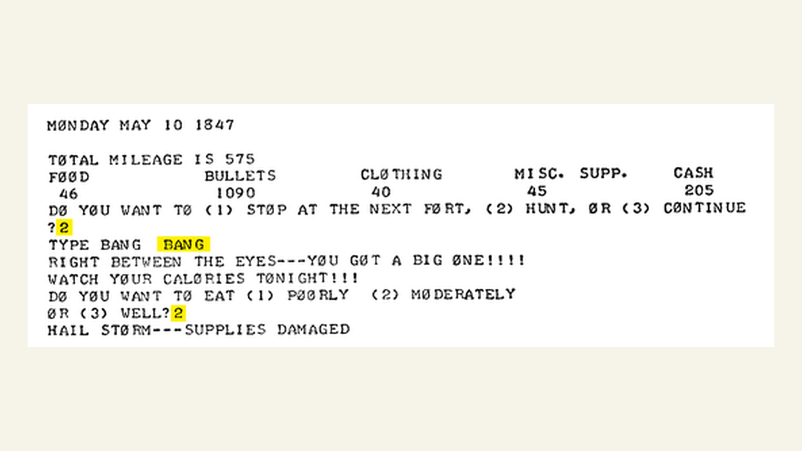 A scanned teletype gameplay turn from OREGON's 1971 classroom prototype, showing printed resource choices and results