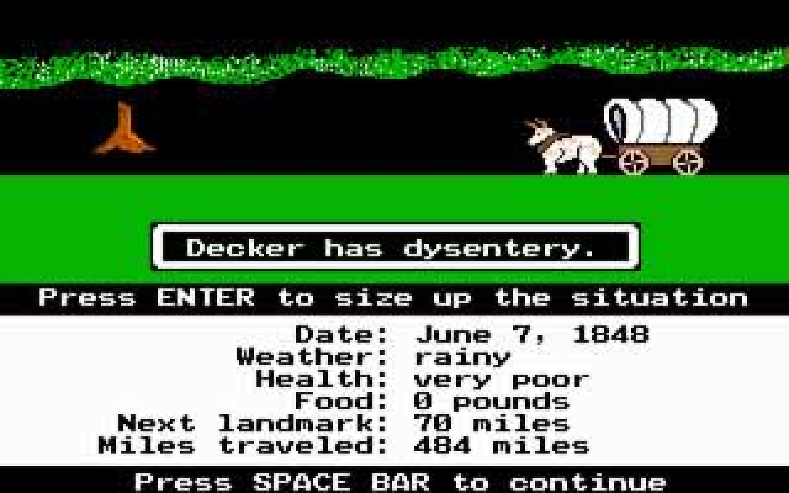 An active 1985 Apple II gameplay screen showing a wagon, party status, and a dysentery warning