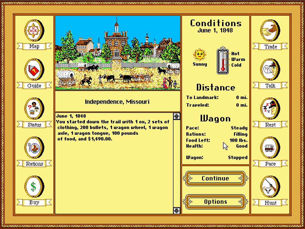 The 1992 Deluxe travel interface showing a river landmark, conditions, distance, party morale, and wagon controls