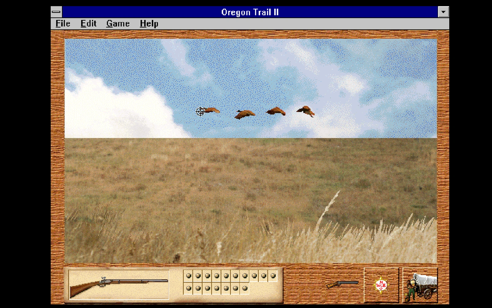 A player aims at flying ducks during Oregon Trail II's hunting minigame