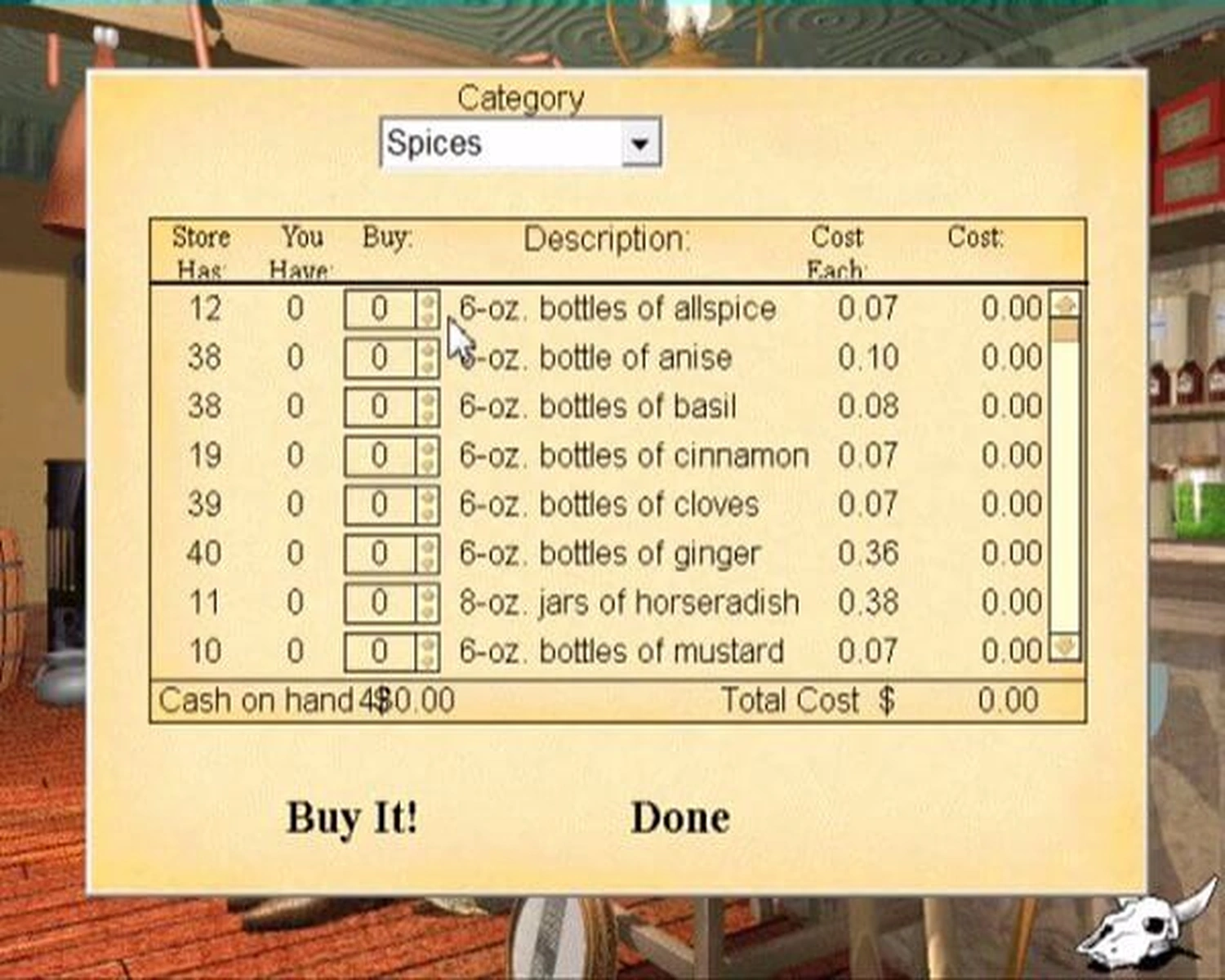 The Oregon Trail 3rd Edition supply-purchasing interface with spices, quantities, prices, cash, and purchase controls