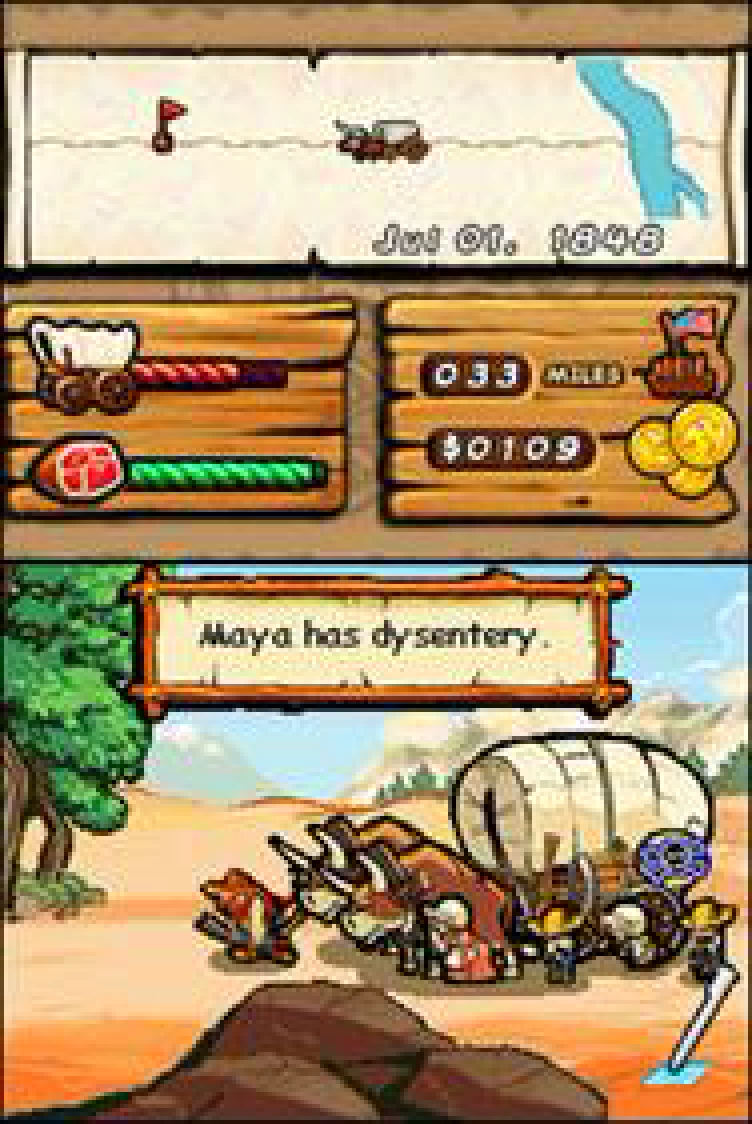 A colorful touch-driven wagon scene from the mobile Oregon Trail