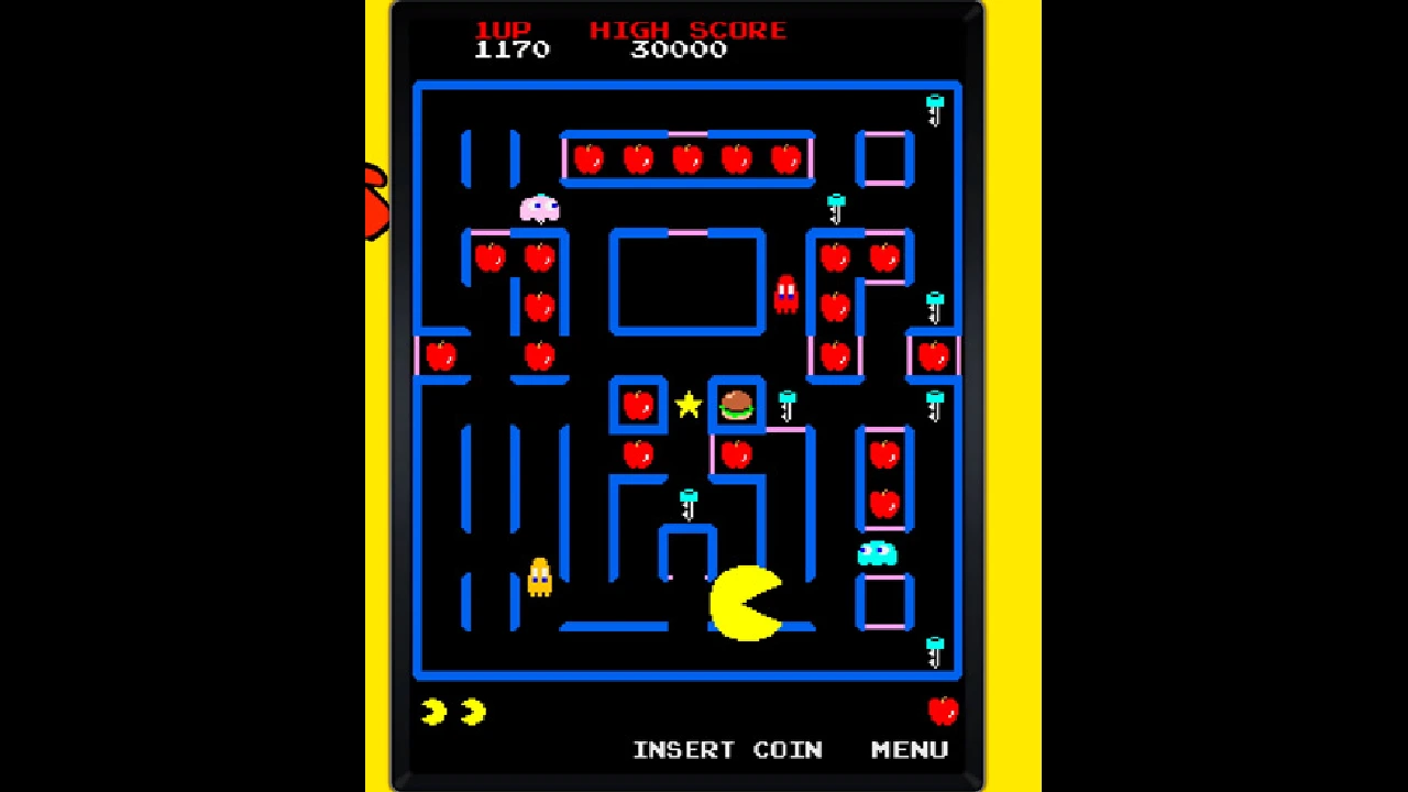 A giant Super PAC-MAN moving through the gated fruit maze while ghosts patrol