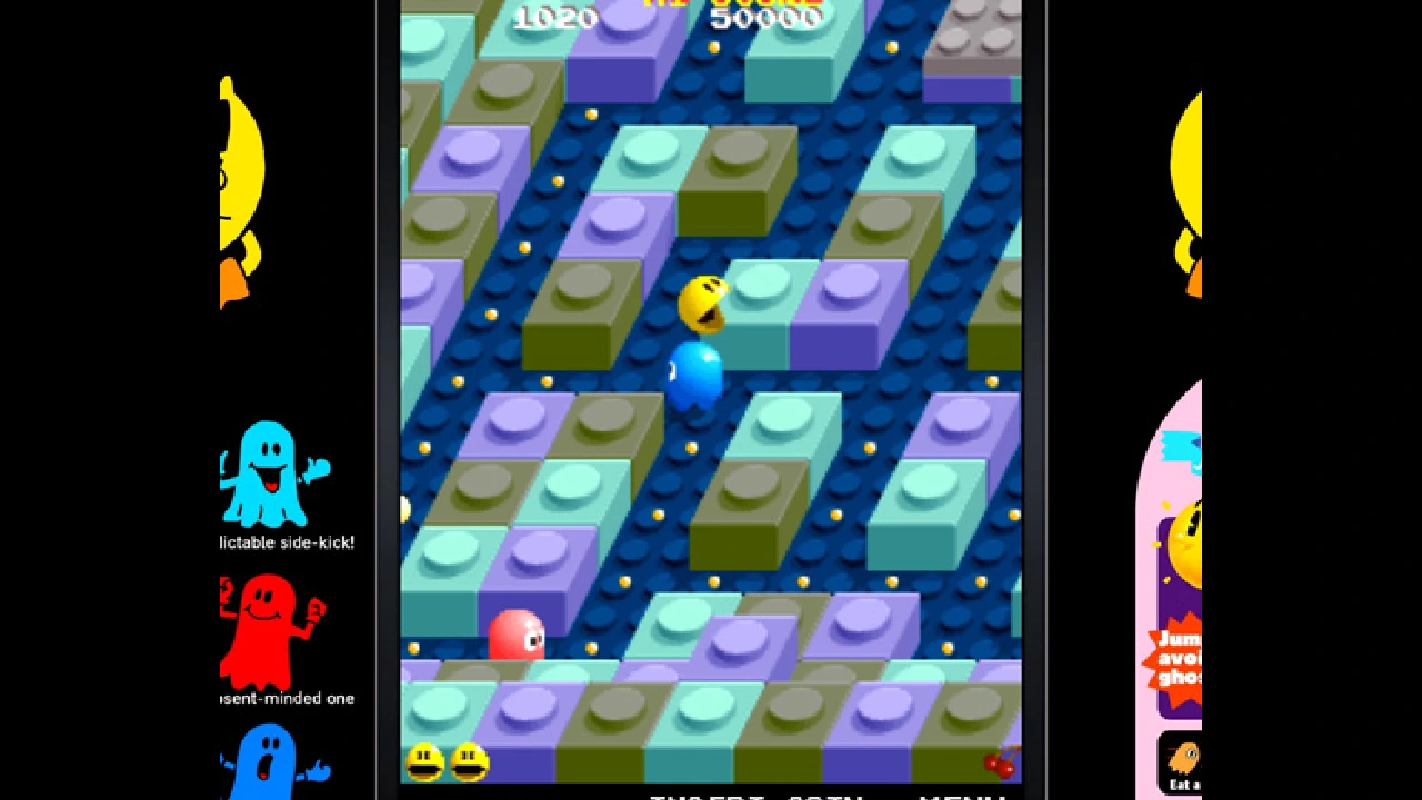 PAC-MAN navigating the raised isometric maze while colored ghosts approach
