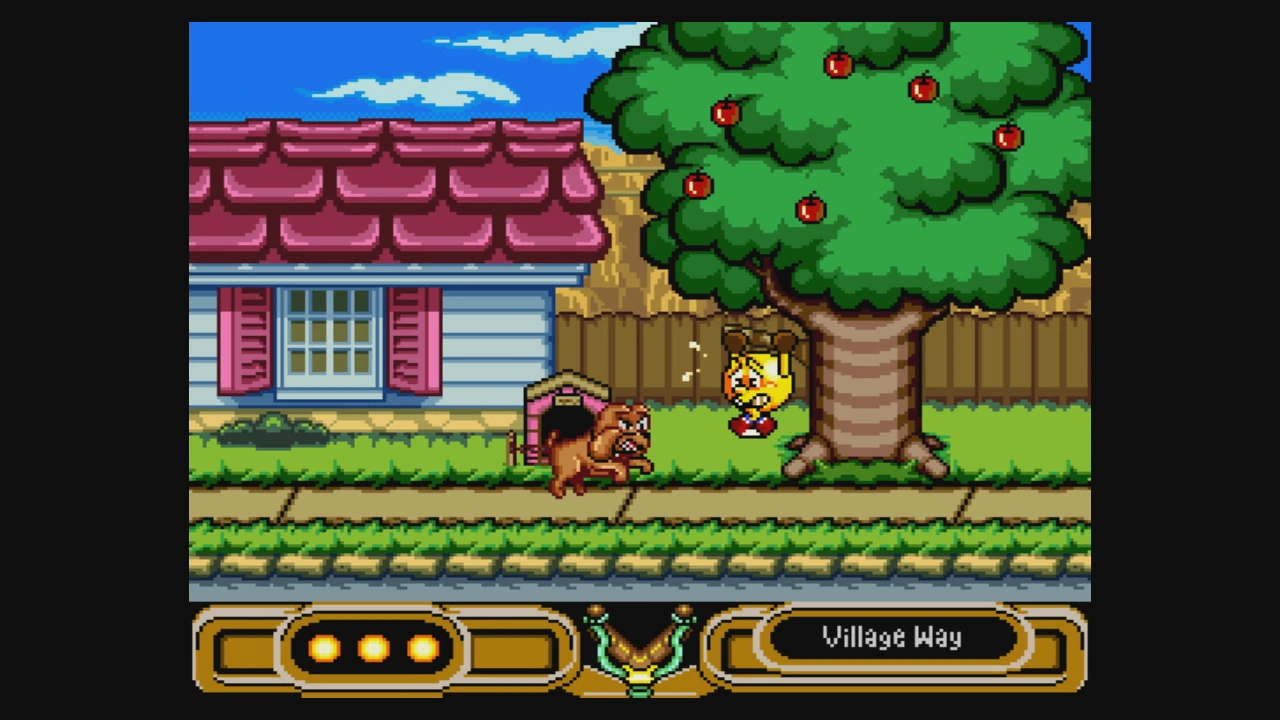 PAC-MAN standing beneath a fruit tree while the player directs him through the cartoon scene