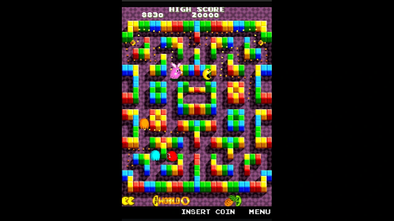 Two PAC-MAN characters moving through a bright power-up-filled Arrangement maze