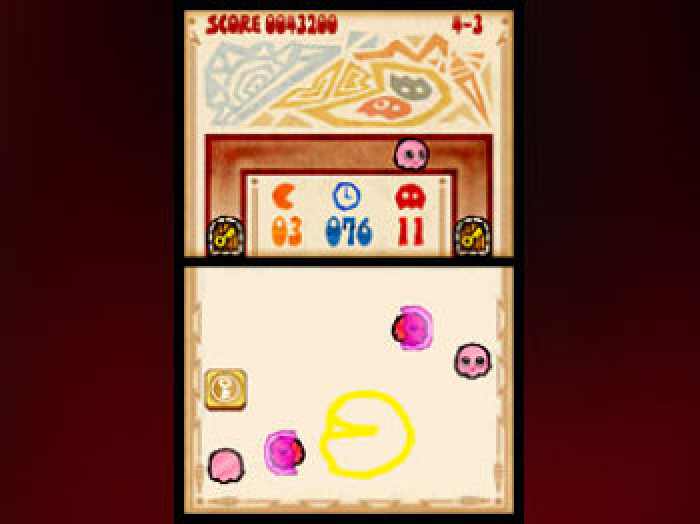 A hand-drawn PAC-MAN moving across a Nintendo DS touch screen
