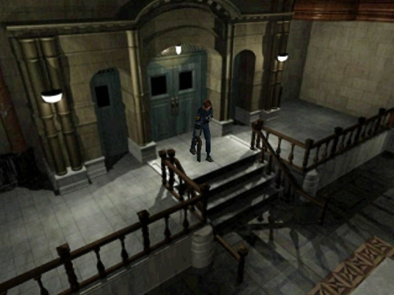 Leon Kennedy stands on a staircase inside the Raccoon City Police Department, handgun ready, in a fixed-camera gameplay view