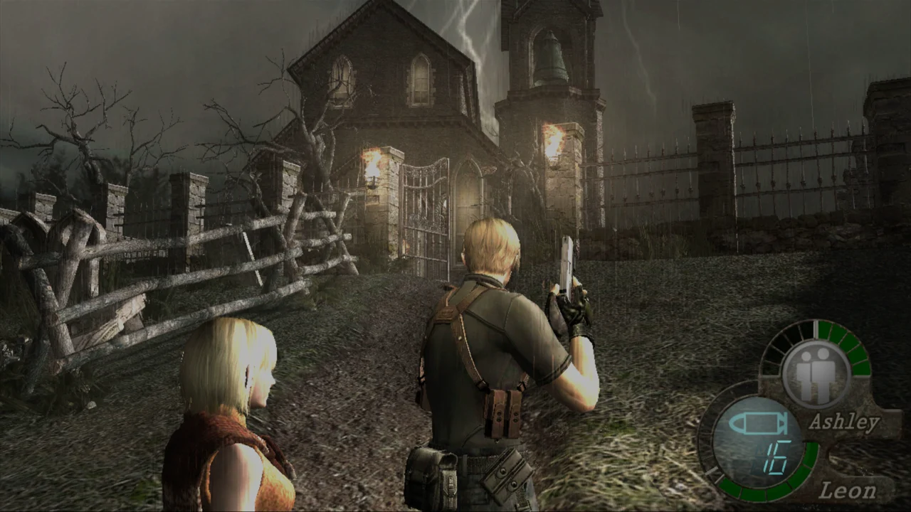 A classroom-safe over-the-shoulder aiming view in Resident Evil 4