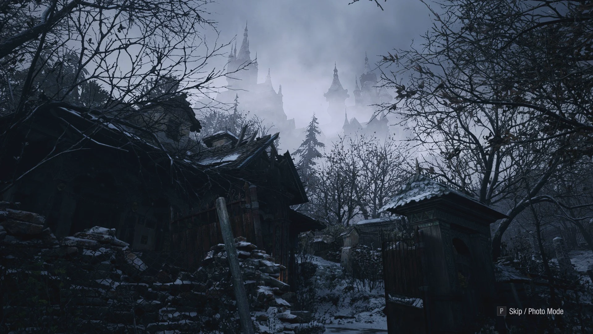 A non-graphic first-person view of Resident Evil Village's snowy settlement