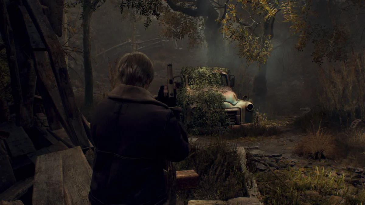 A classroom-safe over-the-shoulder village view in the Resident Evil 4 remake
