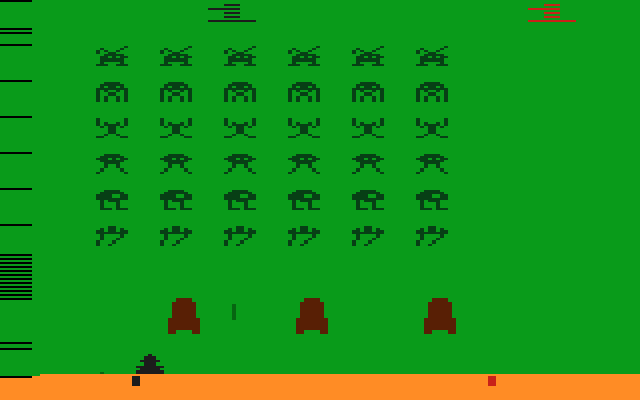 Atari 2600 Space Invaders screenshot with multicolored invaders and two player cannons
