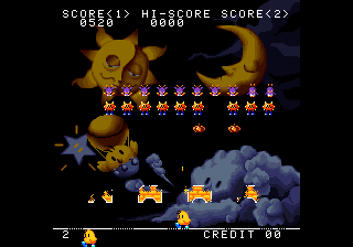 Space Invaders DX arcade screenshot with blue background, pale invaders and an orange planetary horizon
