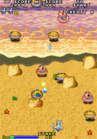 Space Invaders 95 arcade screenshot with bright cartoon enemies, character portraits and a colorful space background