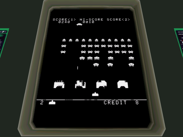 Space Invaders Anniversary 3D mode with rows of invaders floating above a perspective grid