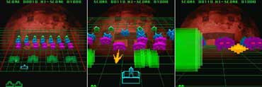 Three contemporary mobile screenshots showing Cubic Invader from overhead and first-person viewpoints