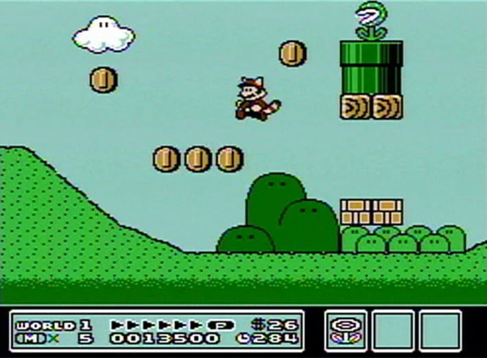 Raccoon Mario jumping through a row of coins beside a pipe in Super Mario Bros. 3.