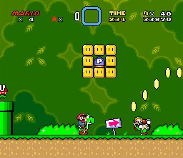 Mario riding Yoshi toward a Chargin' Chuck in a forest course in Super Mario World.