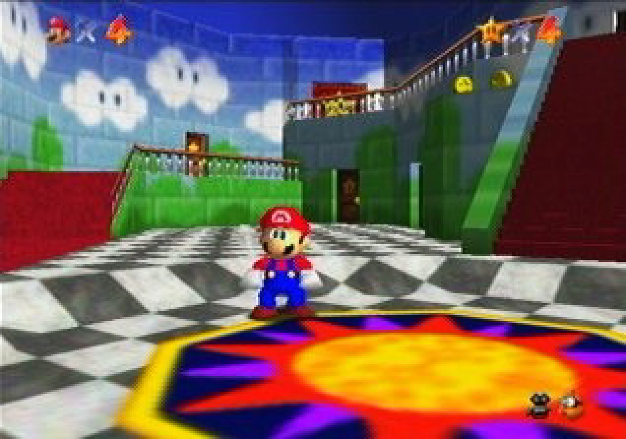 Mario standing in Peach's Castle lobby with the life and Power Star counters visible in Super Mario 64.