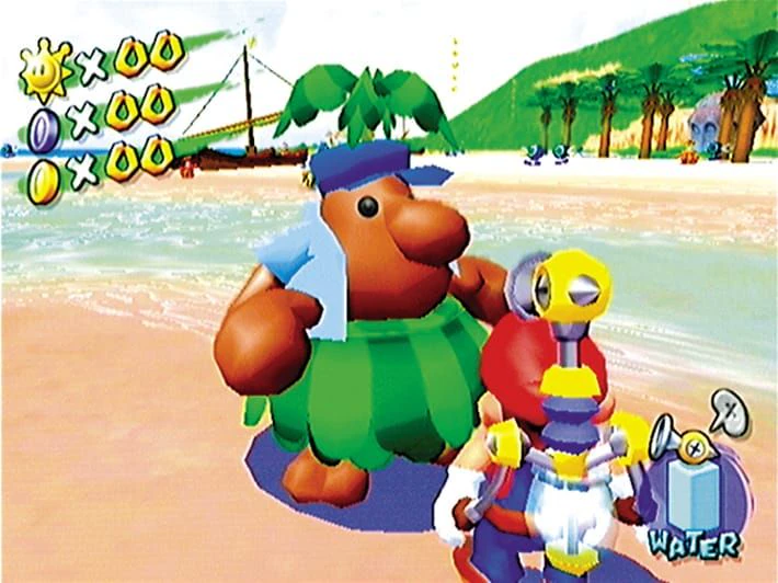 Mario wearing FLUDD beside a Pianta on a beach, with the water and Shine counters visible in Super Mario Sunshine.