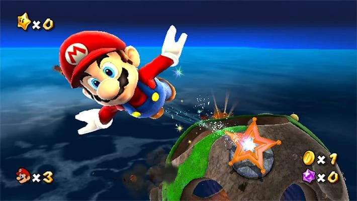 Mario flying toward a small planetoid and Launch Star with life and Star Bit counters visible in Super Mario Galaxy.