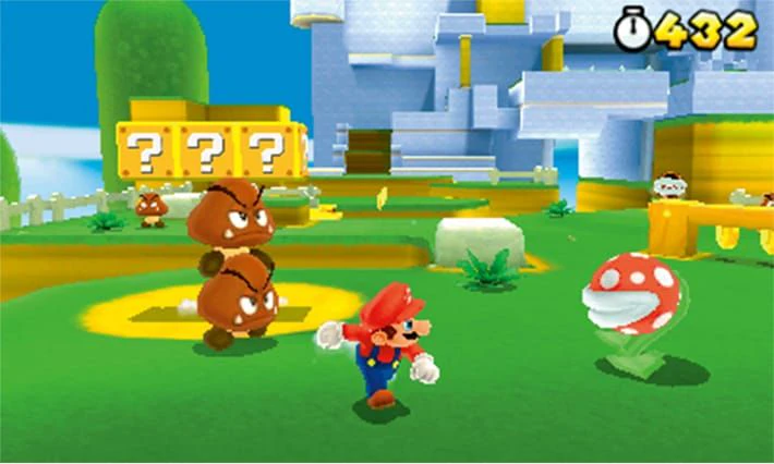 Mario running past a tail-wearing Goomba and a Piranha Plant in a compact Super Mario 3D Land course.