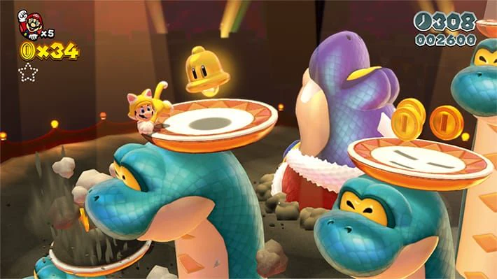 Cat-suited players leaping between crowned snake bosses with the coin and timer HUD visible in Super Mario 3D World.