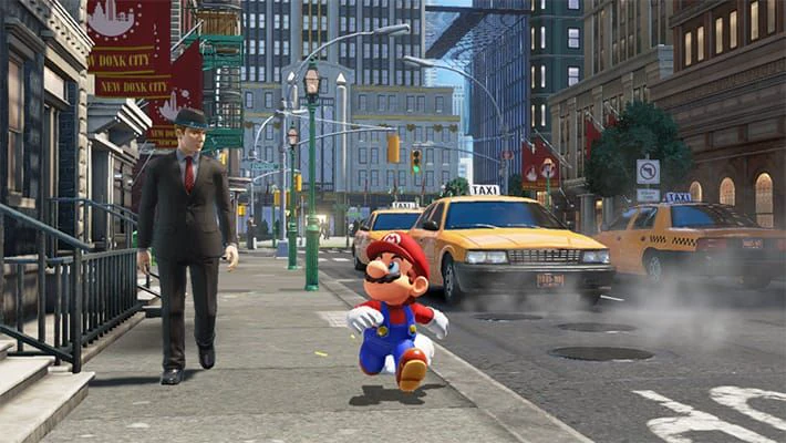Mario running through traffic and pedestrians in New Donk City during Super Mario Odyssey gameplay.