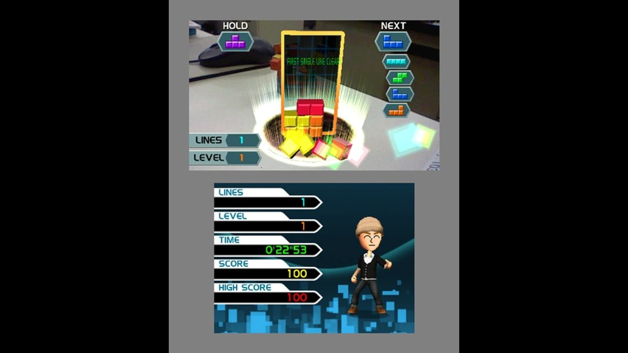 Tetris: Axis AR Marathon placing a falling-block matrix over a real tabletop on the Nintendo 3DS upper screen