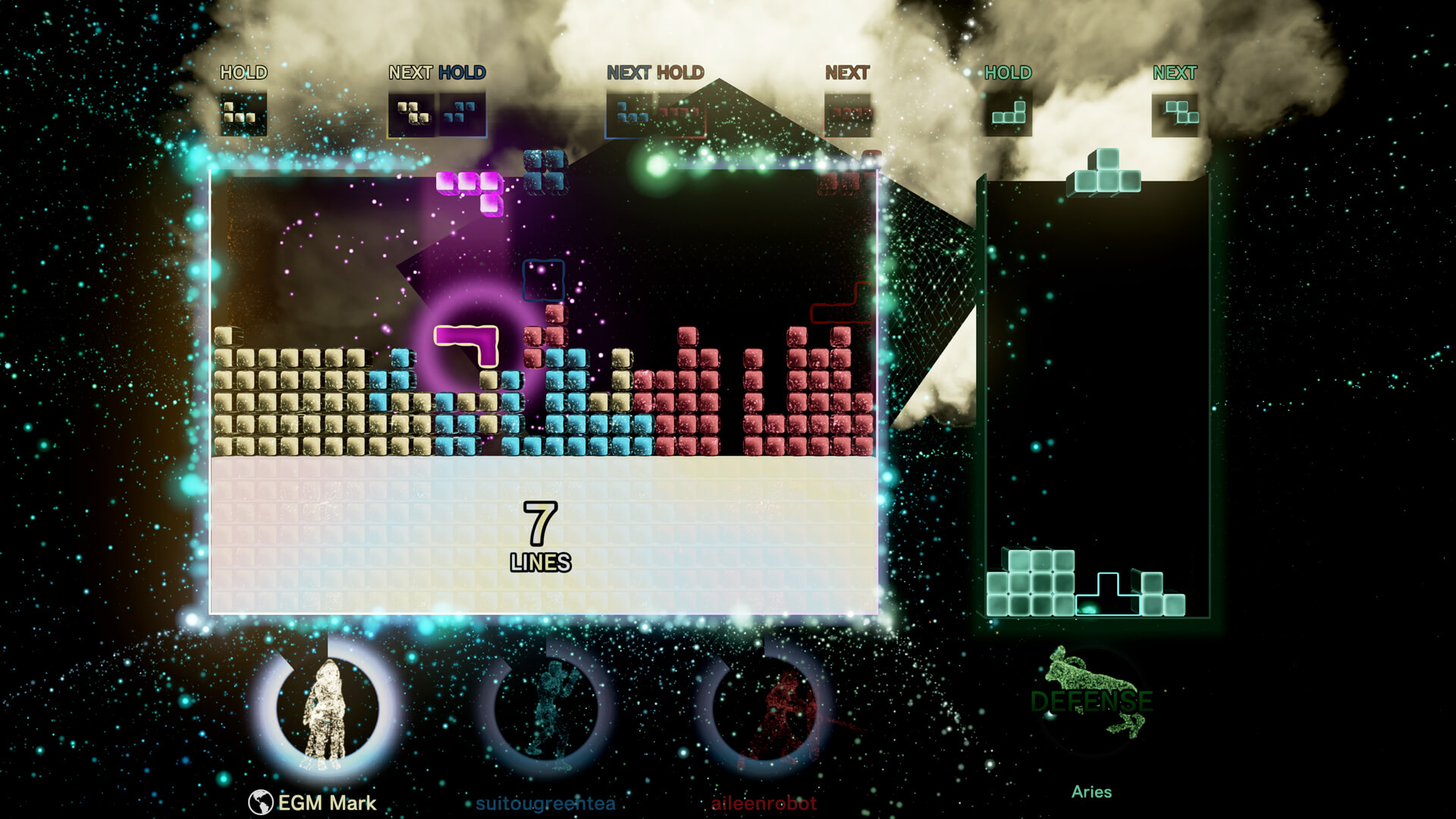 Three players' Tetris matrices joining during Connected mode