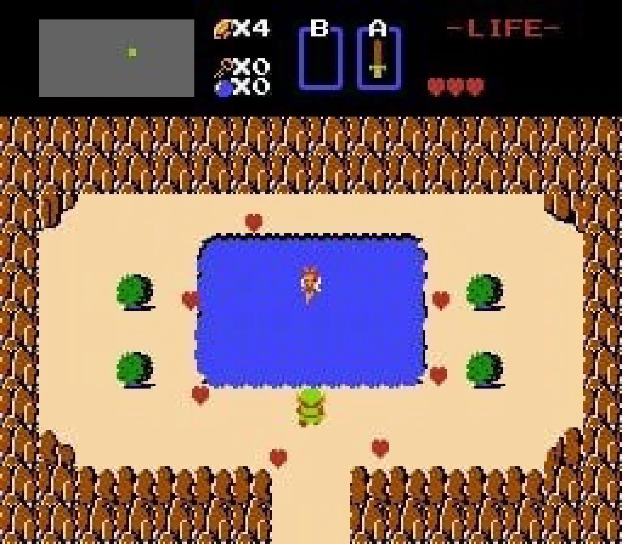 Link crossing the overworld beside a square lake with the inventory and life HUD visible in The Legend of Zelda.