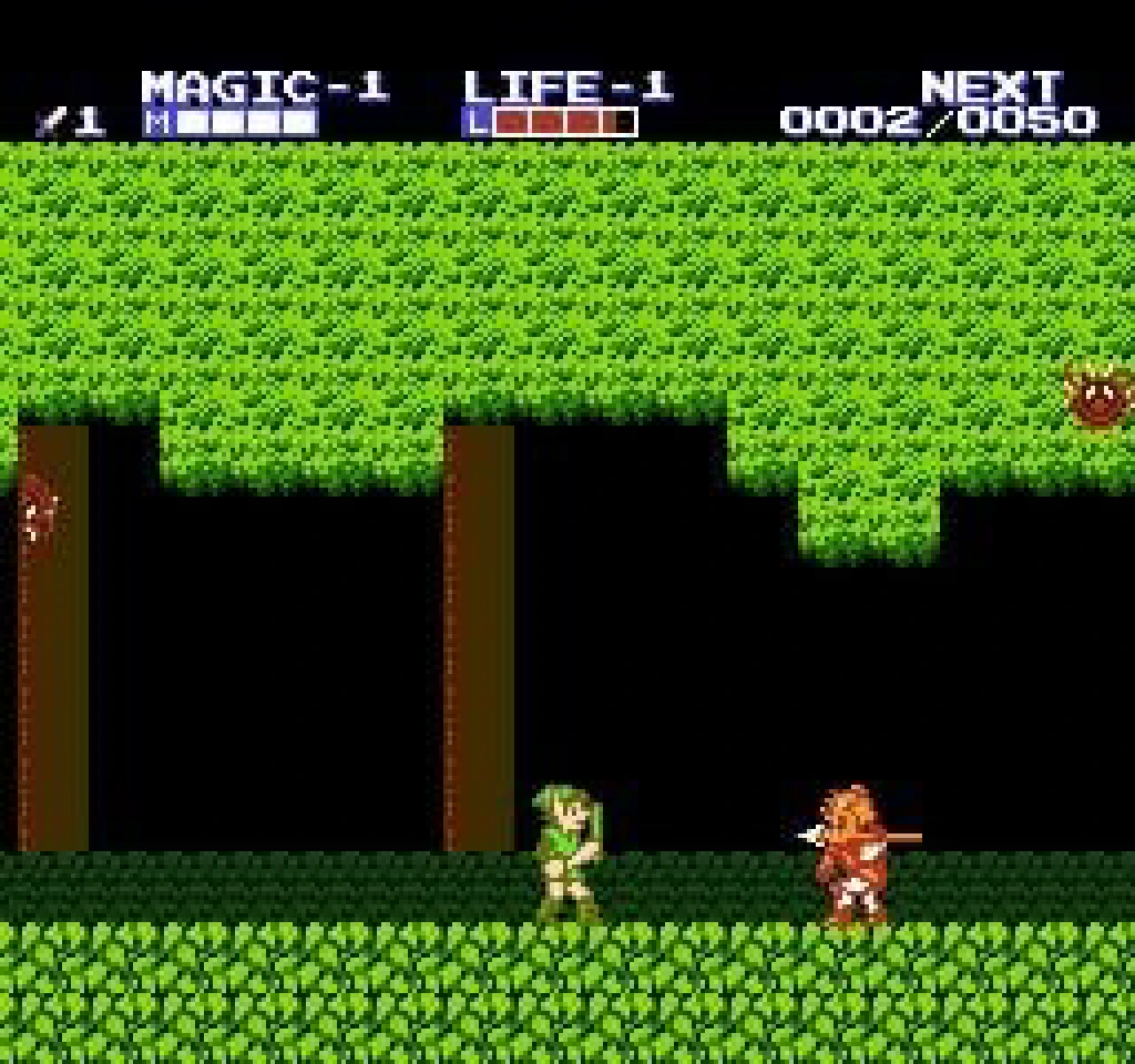 Link facing an axe-wielding enemy in a side-view forest with the magic, life, and experience HUD visible in Zelda II.