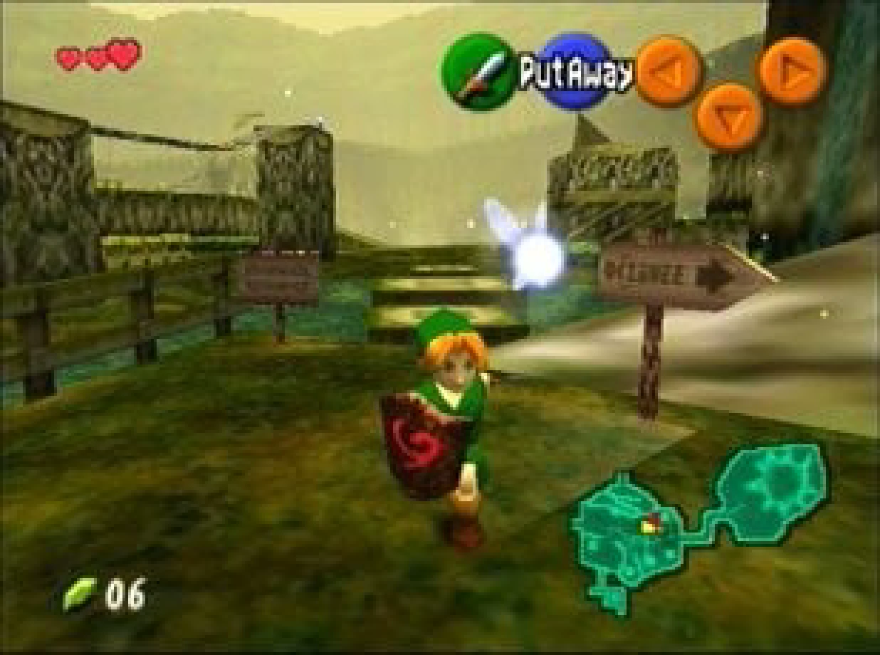 Young Link facing two Deku Baba enemies with the action, item, and life HUD visible in Ocarina of Time.