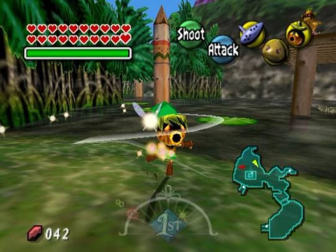 Zora Link swimming toward an underwater enemy with targeting, item, and health HUD visible in Majora's Mask.