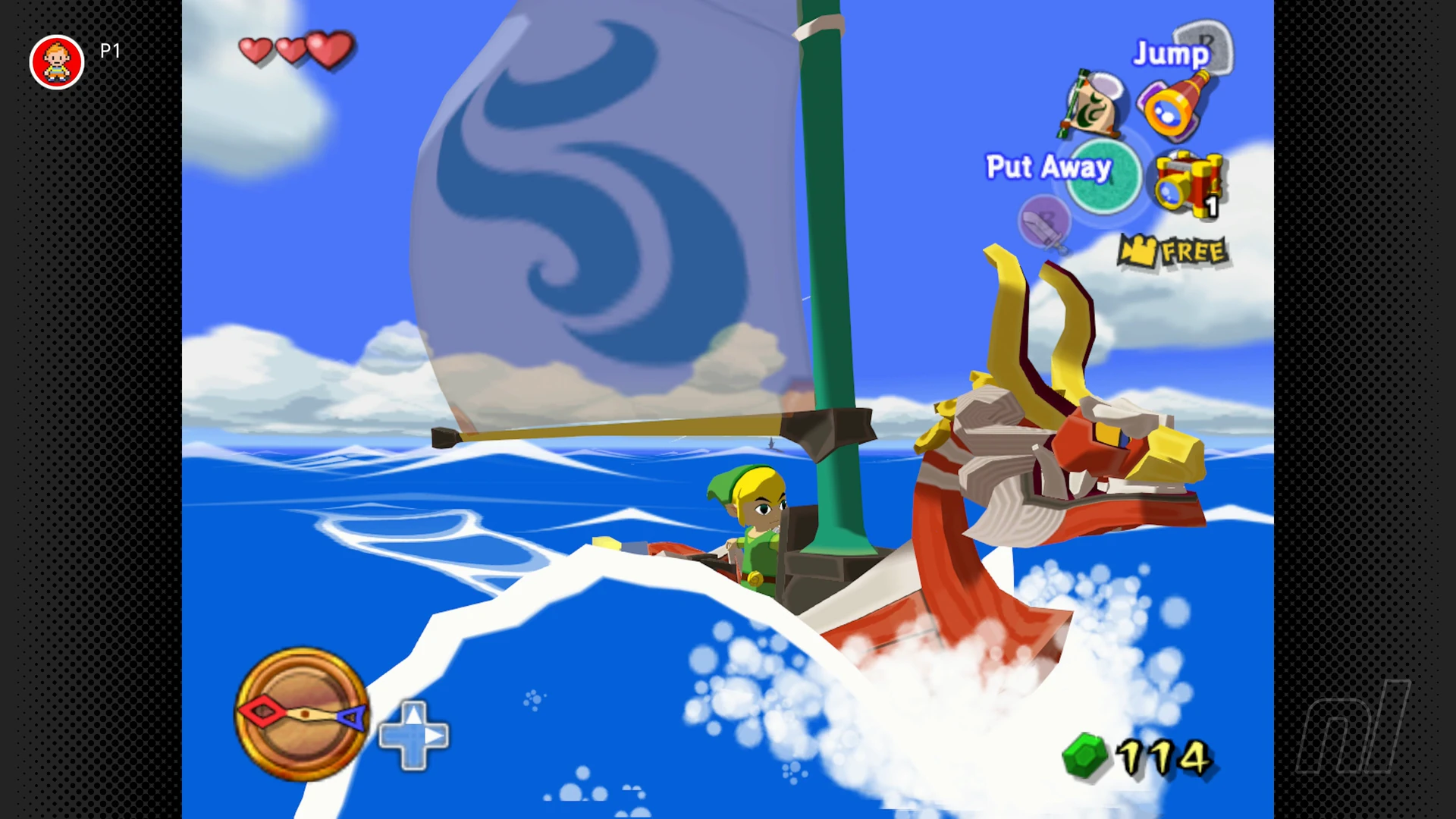 Link sailing the King of Red Lions through a wave with the wind and item HUD visible in The Wind Waker.