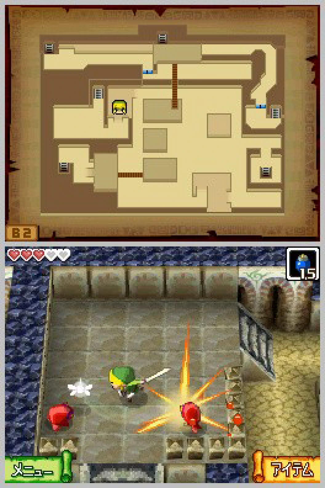 The Nintendo DS screens show a dungeon map above and Link tracing an orange attack path around enemies below in Phantom Hourglass.