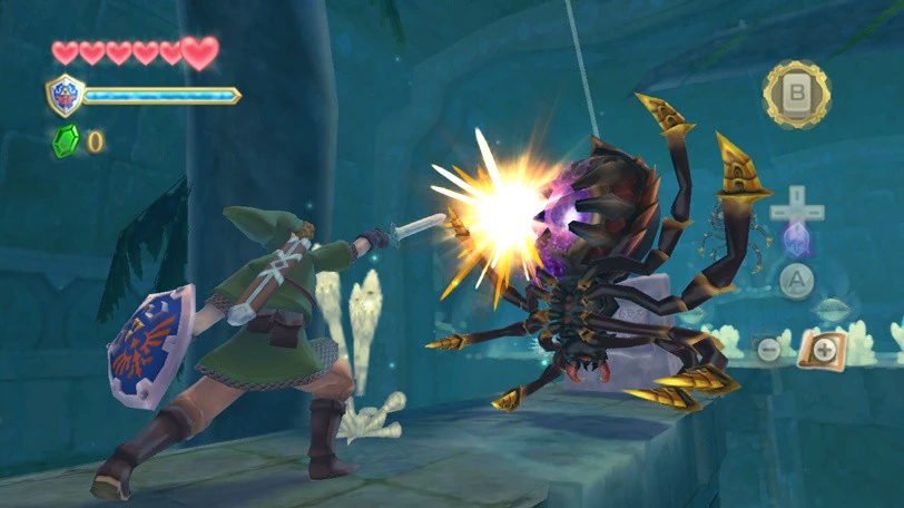 Link landing a sword strike on a large armored enemy with the heart and shield HUD visible in Skyward Sword.