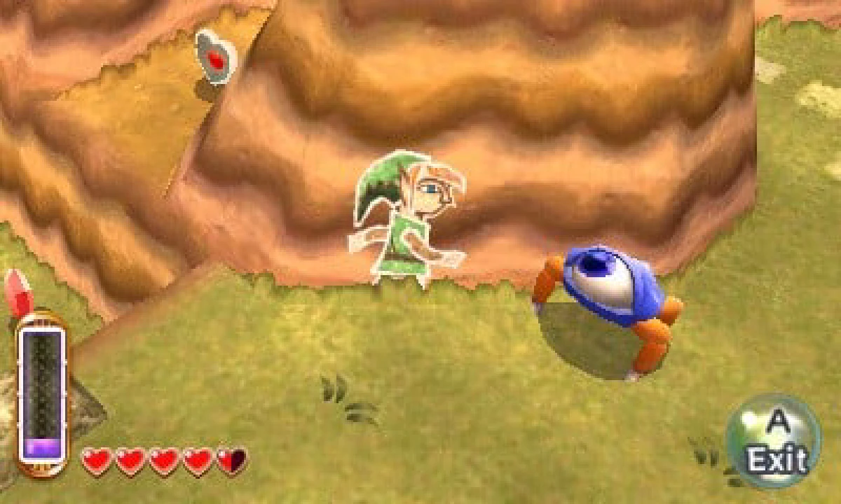 Link moving as a flat wall painting along a cliff face with the energy and heart HUD visible in A Link Between Worlds.