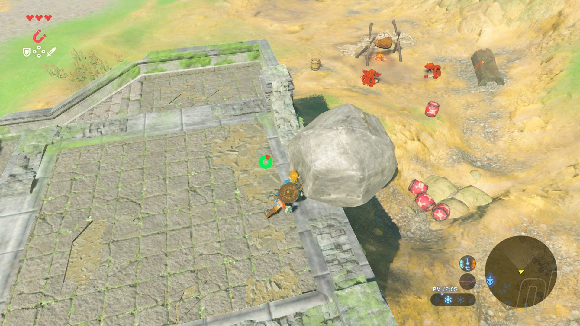 Link paragliding over a rocky canyon with the temperature, sound, and mini-map HUD visible in Breath of the Wild.